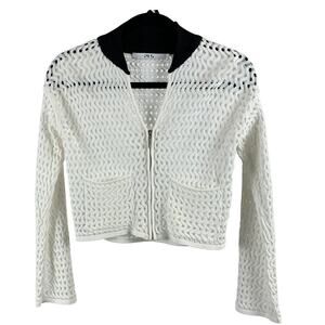 Top Mesh Zipper White Black Collar Womens Size XS